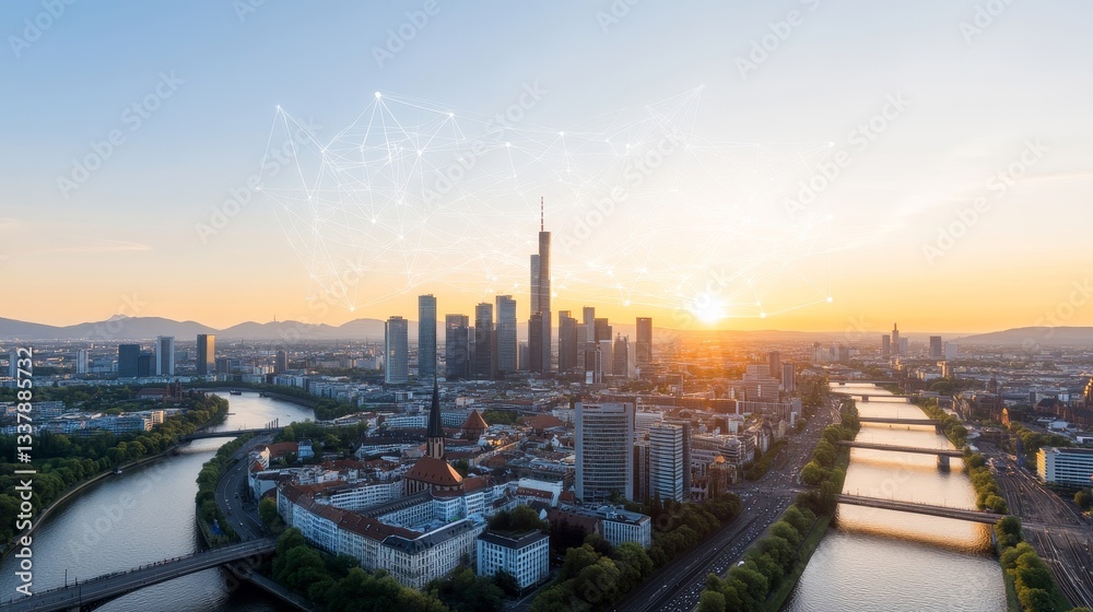 Naklejka premium Vibrant Sunset Over Modern City Skyline with River Below and Network Nodes