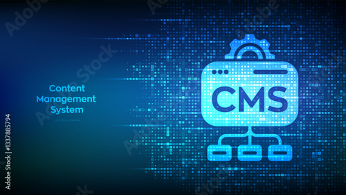 CMS. Content Management System icon made with binary code. Website and document management, web development, and digital solutions. Data integration. Digital code background with digits 1.0. Vector.