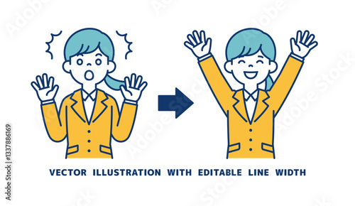 驚いた表情と大喜びする表情の、就活中の女性のベクターイラスト素材＿線幅の編集可能	