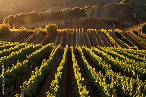 Vineyard rows at sunset. Lush green grapevines bask in golden sunlight
