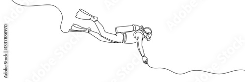 Continuous one line drawing of scuba diver diving in underwater. One line drawing illustration of scuba diver. Diving sport concept continuous line art. Editable outline.