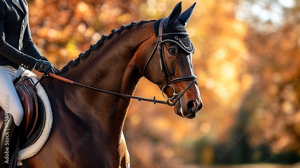 Obraz premium A striking portrait of a bay horse with a rider in full equestrian attire, the polished bridle and saddle gleaming under the golden sunlight, telephoto close-up. 