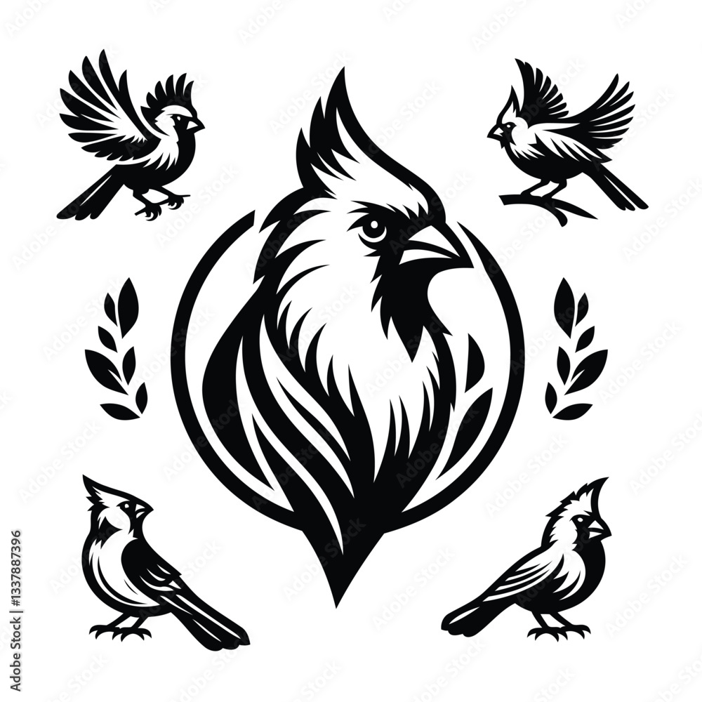Obraz premium Northern cardinal bird vector silhouette logo icon set clipart illustration black & white