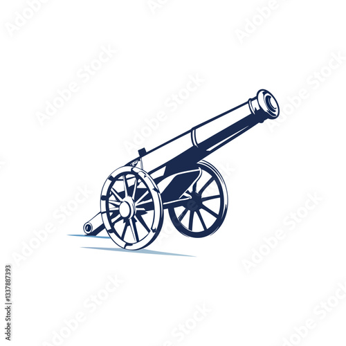 Vintage old cannon isolated on transparent background with metal wheels and antique design
