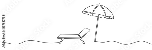 Continuous one line drawing sun lounger with umbrella. Hand drawing Editable stroke