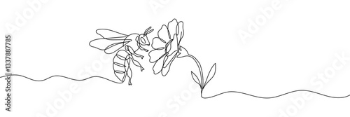 Continuous one line drawing of flaying bee and flower. Hand drawn Editable stroke vector illustration.