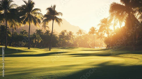 Tropical Golf Course Sunrise  Palm Trees  Lush Greens  Golden Hour