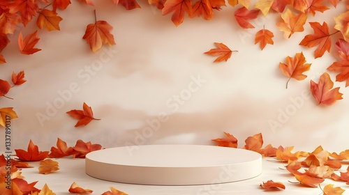 Autumnal Display: Elegant Beige Podium with Scattered Maple Leaves