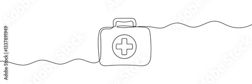 Continuous one line drawing of first aid kit box. simple medical box line art vector illustration.