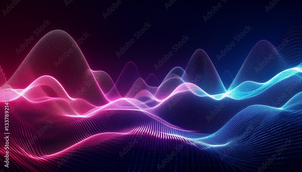 Abstract illustration of pink-blue frequency signal waves as particles passing Abstract illustration of pink-blue frequency signal waves as particles passing