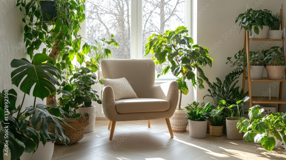 110.A minimalist Scandinavian-style room with a soft beige armchair, a mix of large and small houseplants on the floor, a wooden accent wall, and a panoramic window letting in abundant natural light. 110.A minimalist Scandinavian-style room with a soft beige armchair, a mix of large and small houseplants on the floor, a wooden accent wall, and a panoramic window letting in abundant natural light.