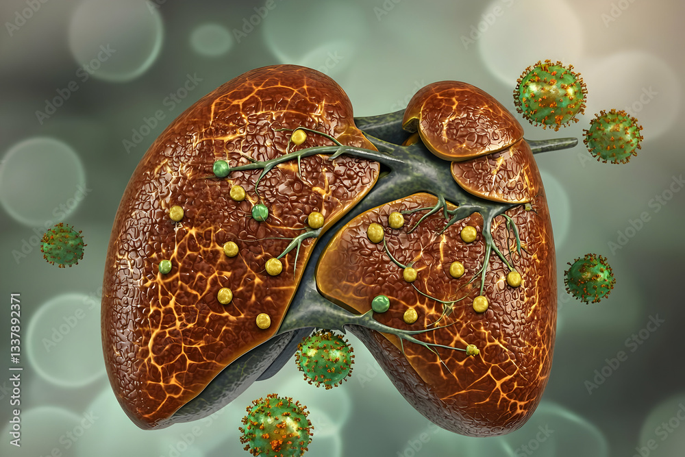 Liver infection viruses attacking organ. Medical illustration