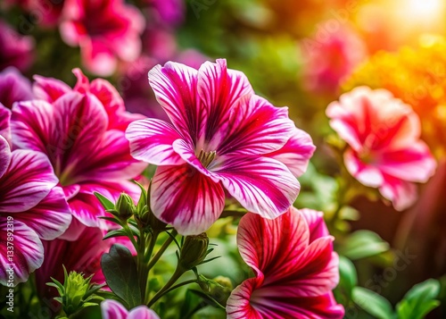 Vibrant Crimson & Pink Striped Flowers in Lush Garden - Nature's Intricate Beauty
