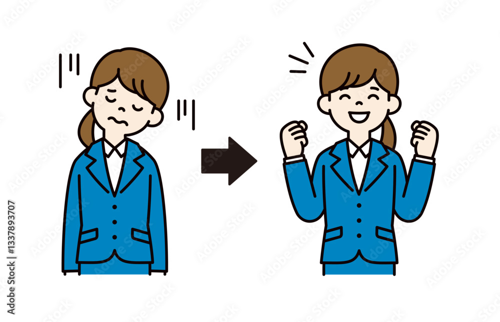 落ち込んだ表情と元気になった表情の、就活中の女性のベクターイラスト素材＿線幅の編集可能＿カラー