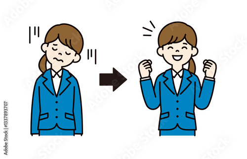 落ち込んだ表情と元気になった表情の、就活中の女性のベクターイラスト素材＿線幅の編集可能＿カラー