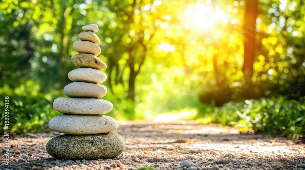 Fototapeta premium Tranquil Stone Stacks in Nature's Glow
