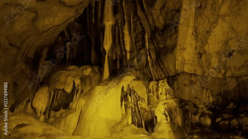 stalactite and stalagmite formations inside the cave