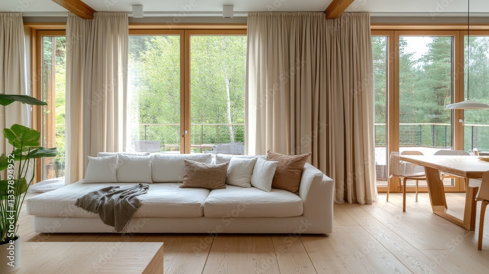 60.Open and tranquil living room design with a simple white sofa, natural wood flooring, and beige curtains framing a floor-to-ceiling window, offering a cozy yet spacious feel with a Scandinavian 60.Open and tranquil living room design with a simple white sofa, natural wood flooring, and beige curtains framing a floor-to-ceiling window, offering a cozy yet spacious feel with a Scandinavian