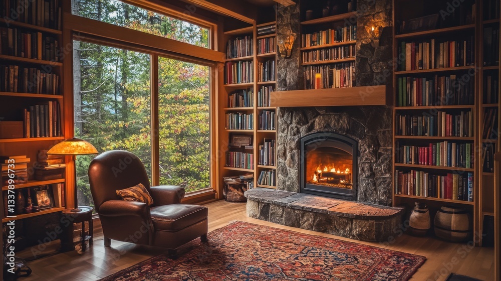 Fototapeta premium Cozy library with fireplace, leather armchair, bookshelves, and large window overlooking autumnal forest.
