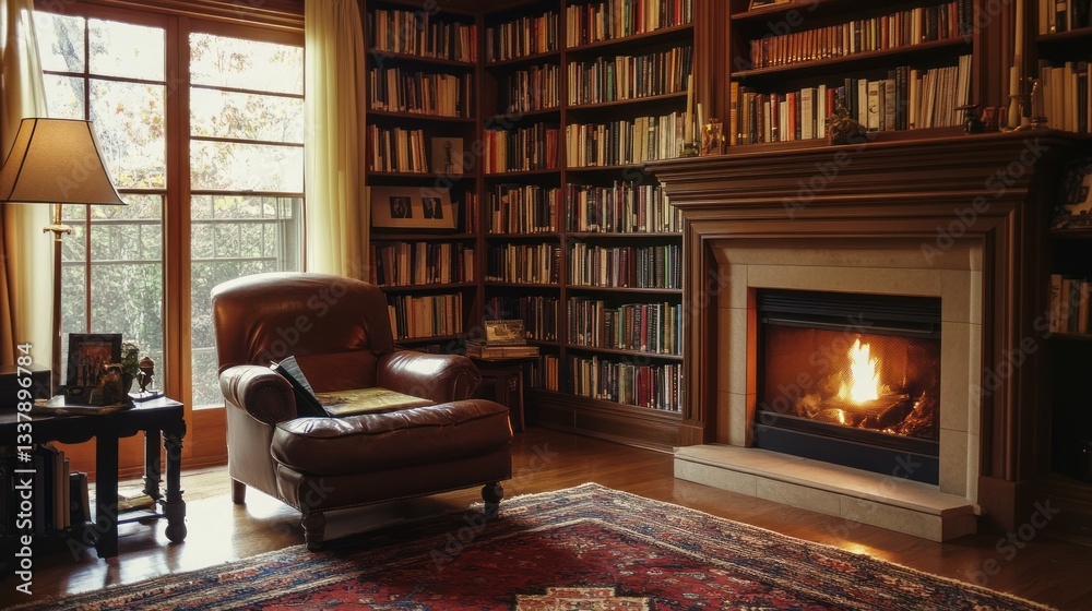 Fototapeta premium Cozy library with fireplace, leather armchair, bookshelves, and large window.
