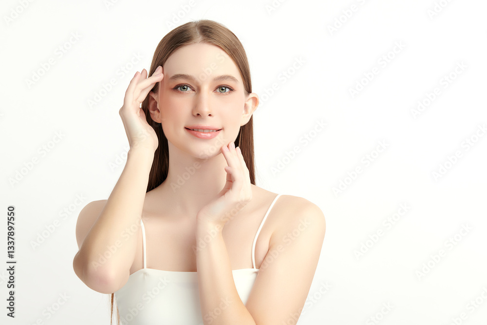 A beautiful young woman with clean, fresh skin against a white background. Skincare, facial treatment, cosmetology, beauty, and spa themes. An elegant portrait of an woman. A beautiful young woman with clean, fresh skin against a white background. Skincare, facial treatment, cosmetology, beauty, and spa themes. An elegant portrait of an woman.