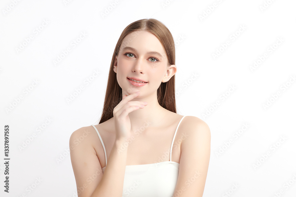 A beautiful young woman with clean, fresh skin against a white background. Skincare, facial treatment, cosmetology, beauty, and spa themes. An elegant portrait of an woman. A beautiful young woman with clean, fresh skin against a white background. Skincare, facial treatment, cosmetology, beauty, and spa themes. An elegant portrait of an woman.