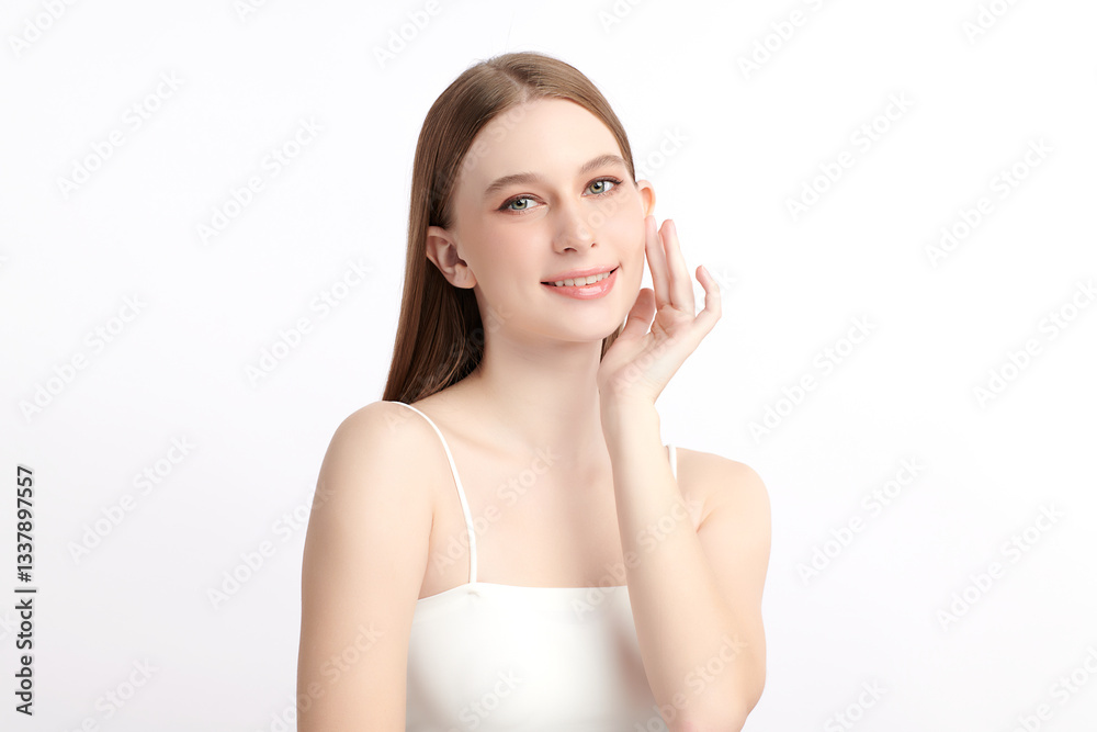 A beautiful young woman with clean, fresh skin against a white background. Skincare, facial treatment, cosmetology, beauty, and spa themes. An elegant portrait of an woman. A beautiful young woman with clean, fresh skin against a white background. Skincare, facial treatment, cosmetology, beauty, and spa themes. An elegant portrait of an woman.