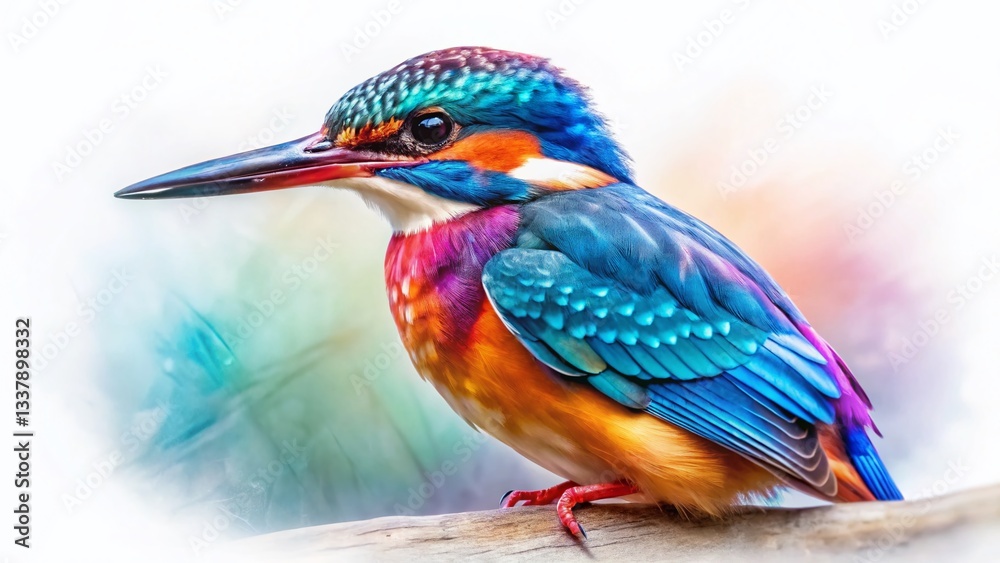 Obraz premium Vibrant Kingfisher Watercolor Bird Logo Illustration - Pink, Blue, Purple Avian Artwork