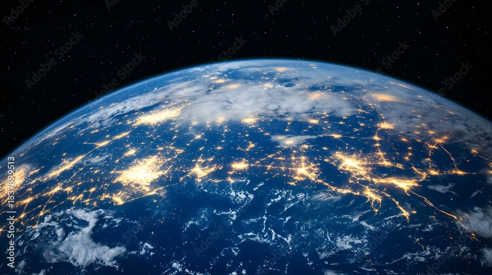 Obraz premium The image shows a view of Earth from space at night, highlighting the bright lights of cities and urban areas across a large portion of a continent, contrasting with the darkness of the oceans and th