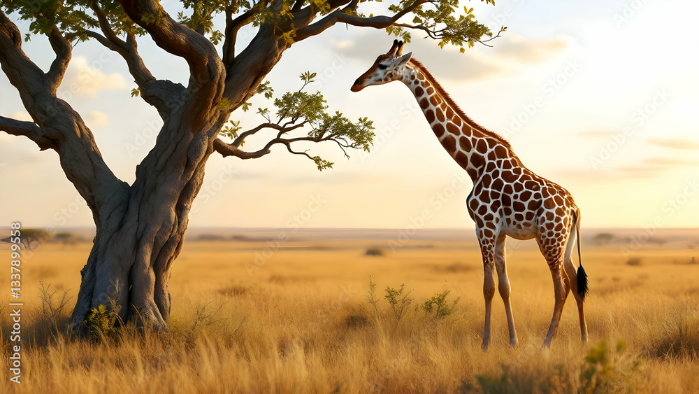 Obraz premium Giraffe Grazing by Tree in Golden Savannah Sunset Scene