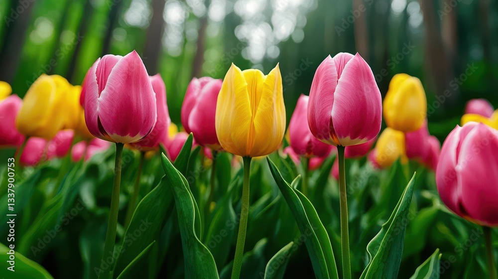 Colorful tulips in a lush garden with soft sunlight filtering through trees. Colorful tulips in a lush garden with soft sunlight filtering through trees.