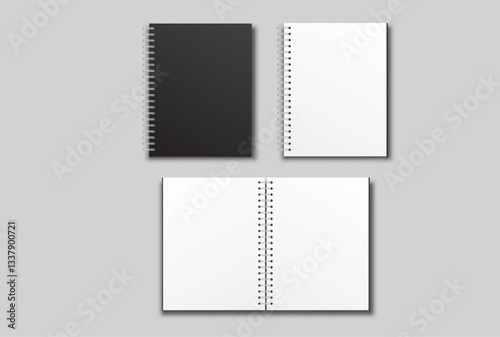 Vector realistic 3d spiral notebook mockup with white blank paper isolated on background. For the business presentation journal, notepad, booklet, catalogue, publisher, advertising corporate
