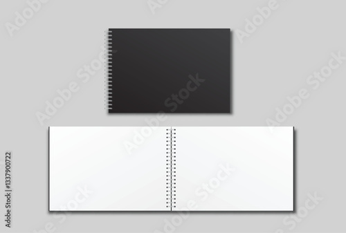 Vector realistic 3d spiral notebook mockup with white blank paper isolated on background. For the business presentation journal, notepad, booklet, catalogue, publisher, advertising corporate
