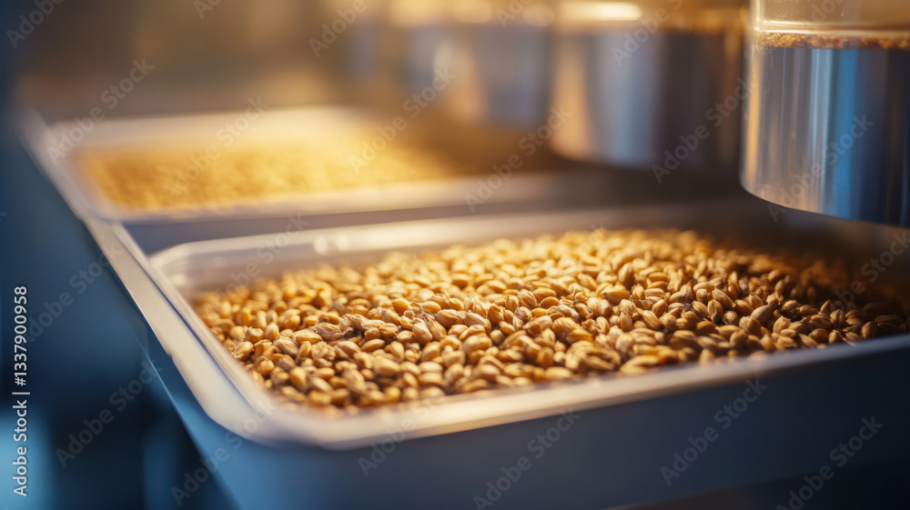 Obraz premium close-up of tray filled with grains in a food factory.