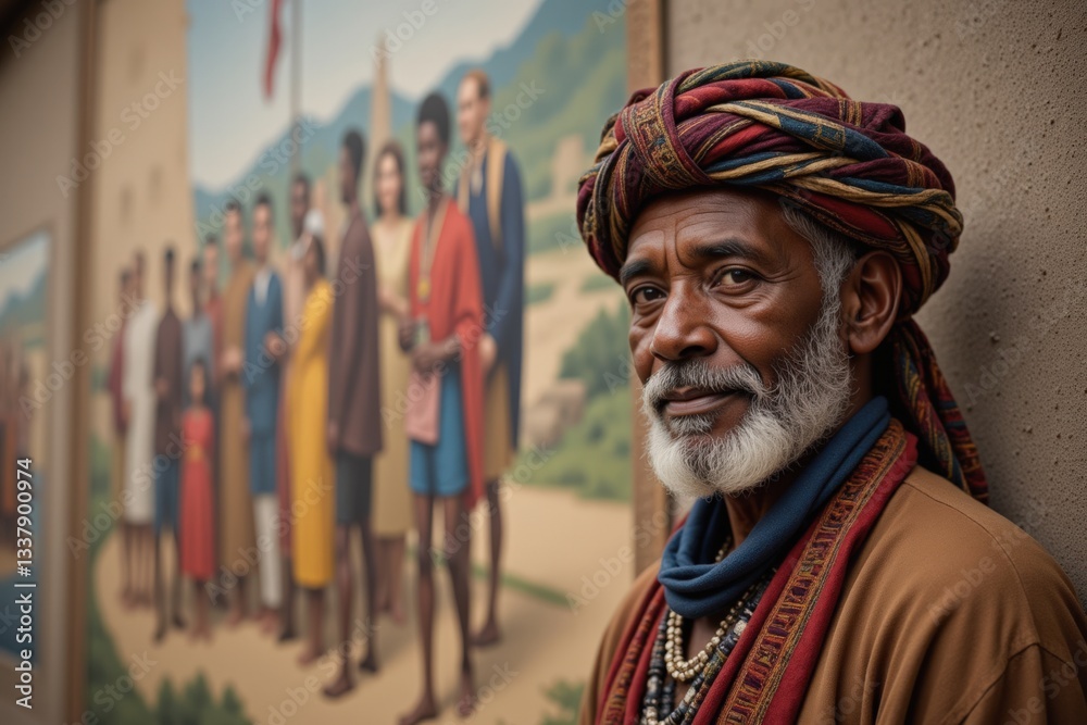 Obraz premium Elderly African Male in Traditional Attire with Colorful Turban Posed Against a Historical Mural Depicting a Group of People