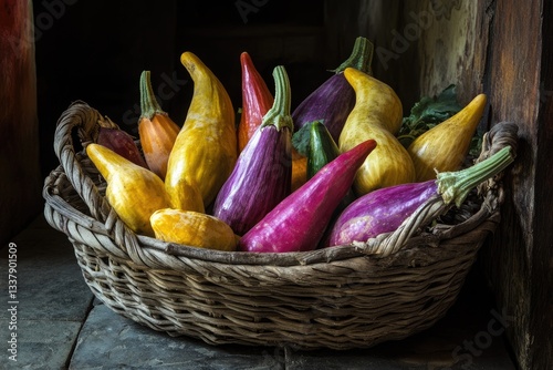 A basket of diverse heirloom vegetables harvested from a regenerative farm