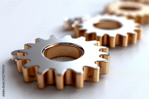 Silver and copper-colored metallic gears and mechanical components are arranged on a white background, with a shallow depth of field creating an artistic industrial composition
