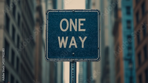 A weathered street sign indicating a one-way direction amidst tall urban buildings.
