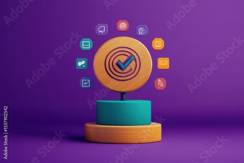 business achievement goal and objective target concept. Business goal and correct icons on round wooden block purple background. Growth investing, Digital marketing strategy