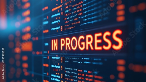 A digital interface displays code with the phrase 