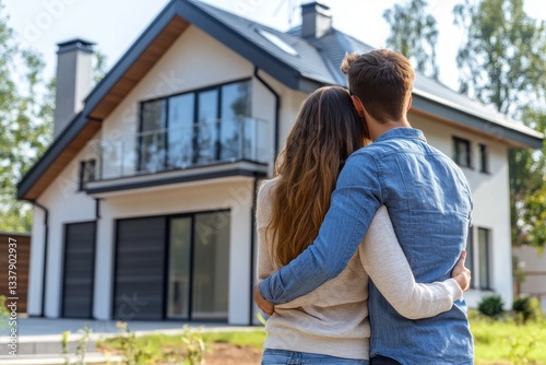 Couple enjoying the moment in front of their big new home, with mortgage and home loan in hand