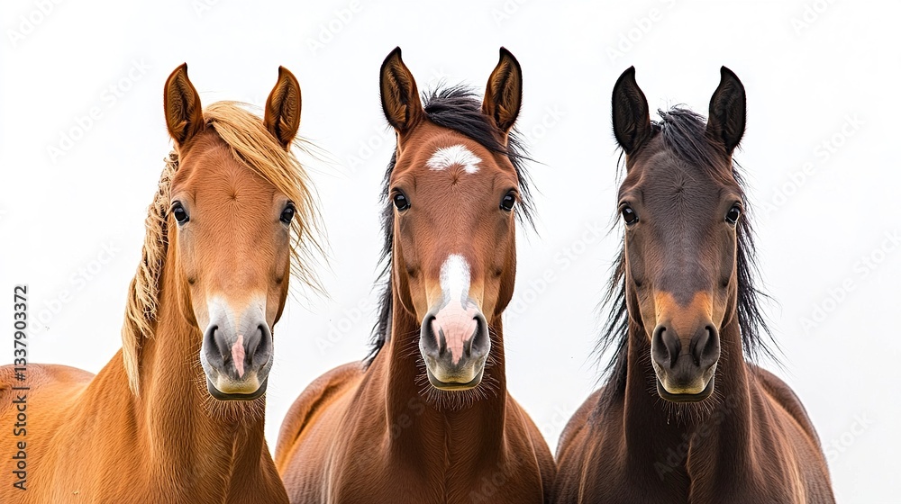 Obraz premium Group of three young horses on the pasture, on white background 