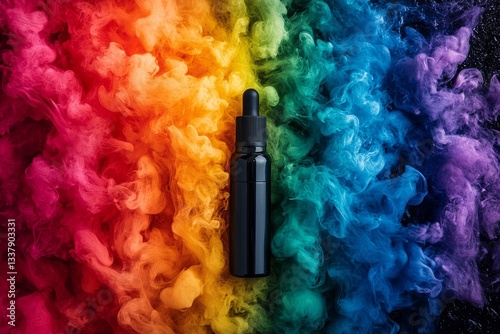 An electronic cigarette device is set against a dark background, surrounded by vivid, colorful vapor clouds, with dramatic lighting accentuating the liquid tank and mouthpiece
