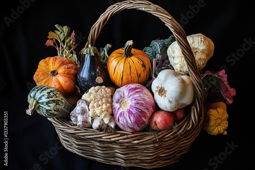 A basket of diverse heirloom vegetables harvested from a regenerative farm
