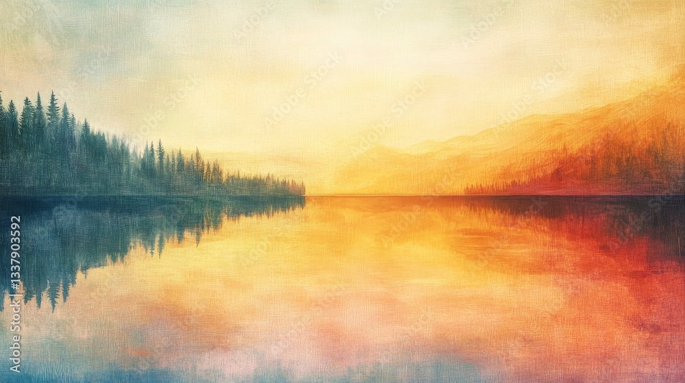 Obraz premium Serene Sunset over Mountain Lake with Silhouetted Trees - Artistic Landscape Painting