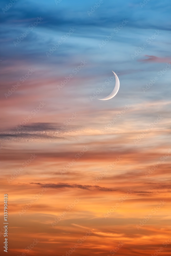 Crescent Moon Shining Softly in a Dreamy Blue and Orange Sky at Dusk Crescent Moon Shining Softly in a Dreamy Blue and Orange Sky at Dusk