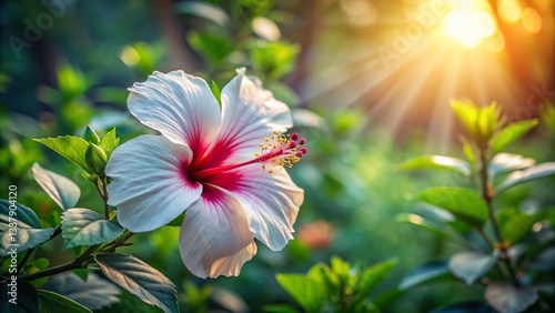 Vibrant Red Centered White Hibiscus Flower in Lush Green Landscape