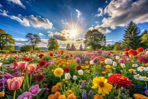 Vibrant Spring Garden: Colorful Flowers in Full Bloom - Wide Angle Stock Photo