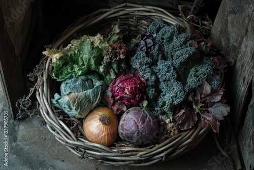 A basket of diverse heirloom vegetables harvested from a regenerative farm