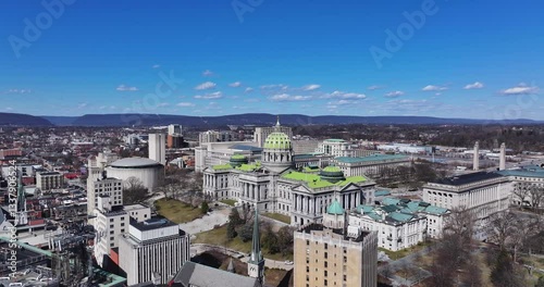 Harrisburg, PA, USA - March 9, 2025:  Winter afternoon video of the downtown Harrisburg skyline.
